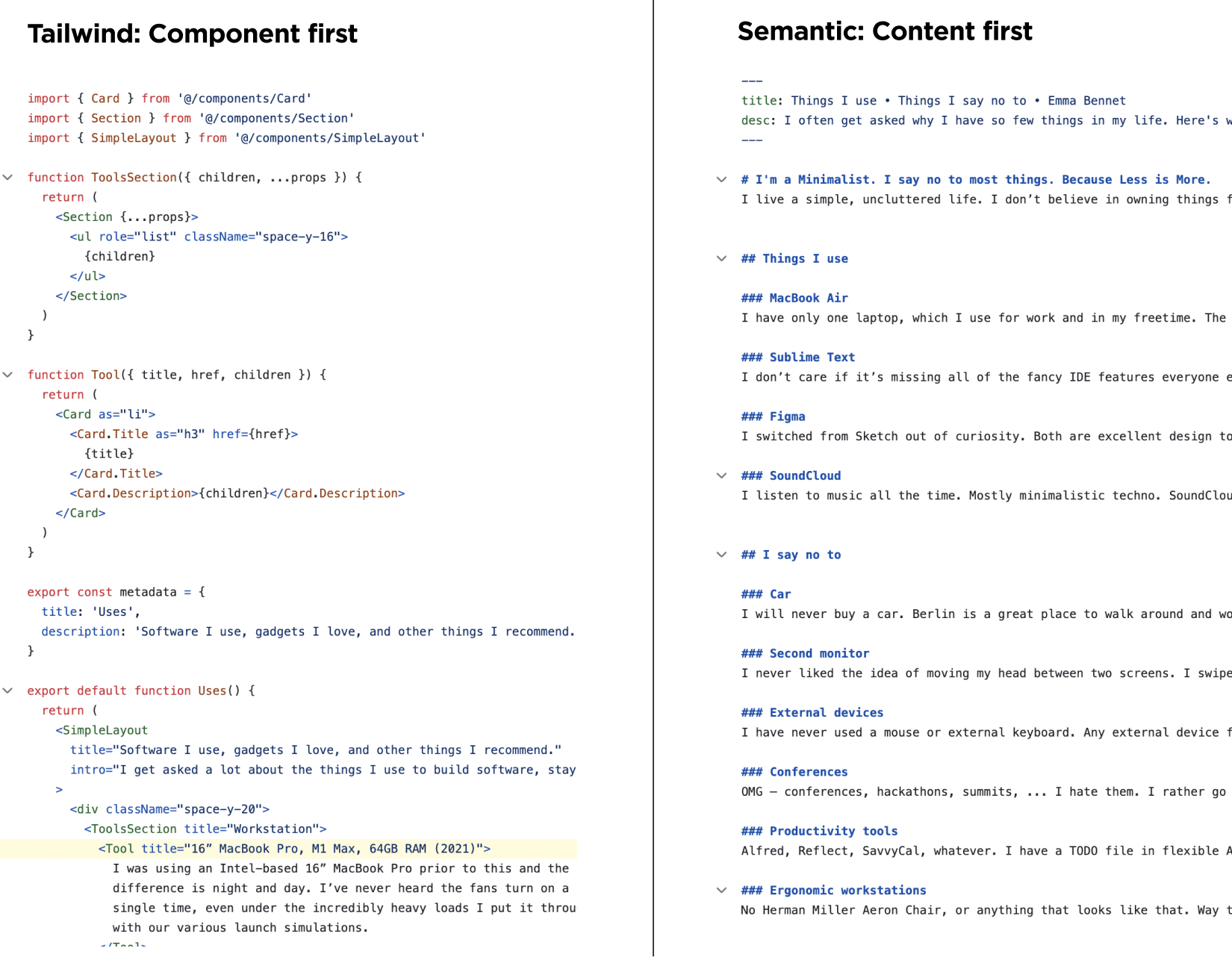 Utility-first CSS (Tailwind) vs semantic CSS - code and content comparison