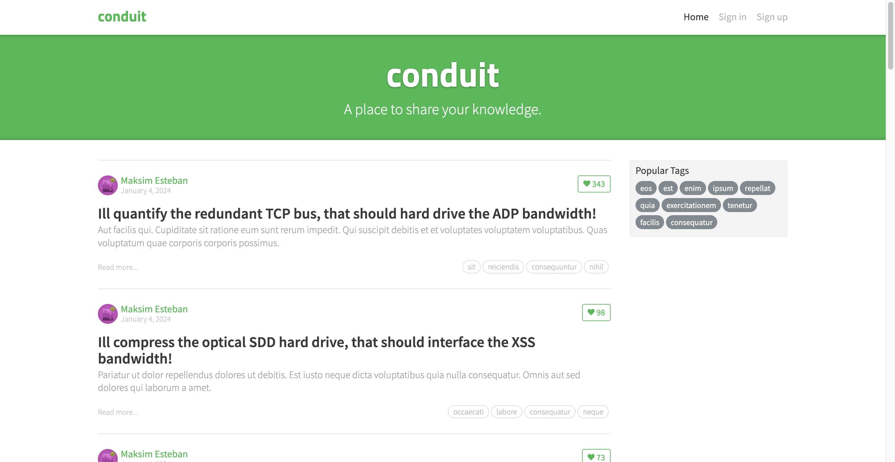The feed page of Conduit, including the header, the feed, and the tags. The tabs are still missing.